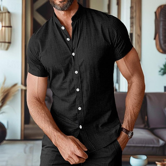 Band Shirt Summer Men's Linen Collar