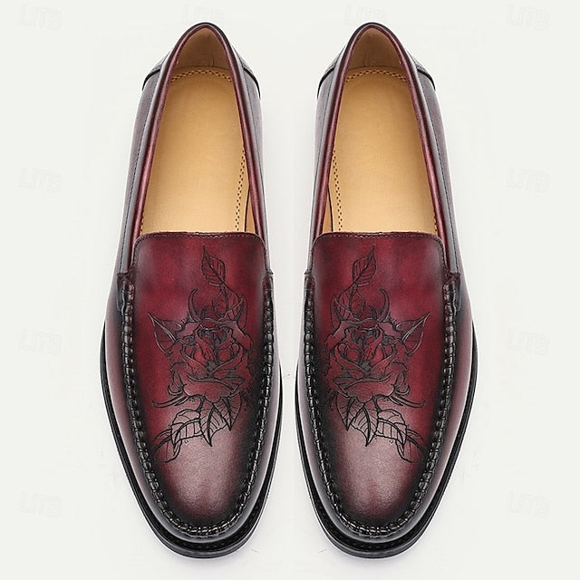 Burgundy Leather Loafers Men's with Stitching Decorative
