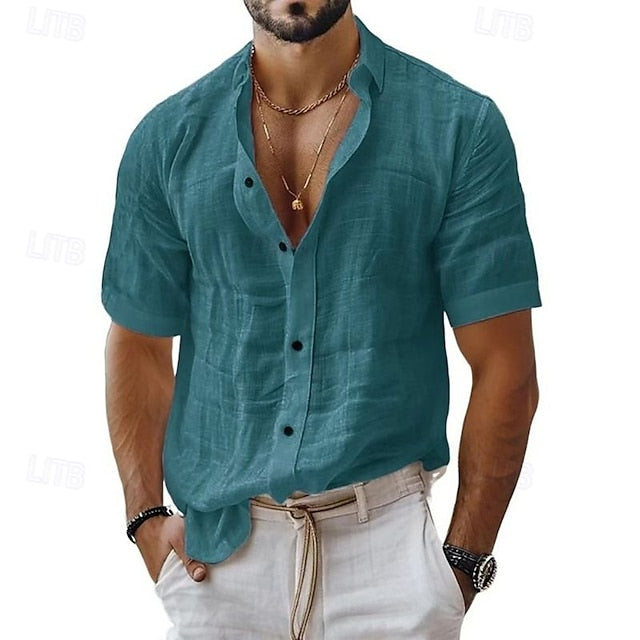 Button Shirt Up Casual Linen Cotton Men's