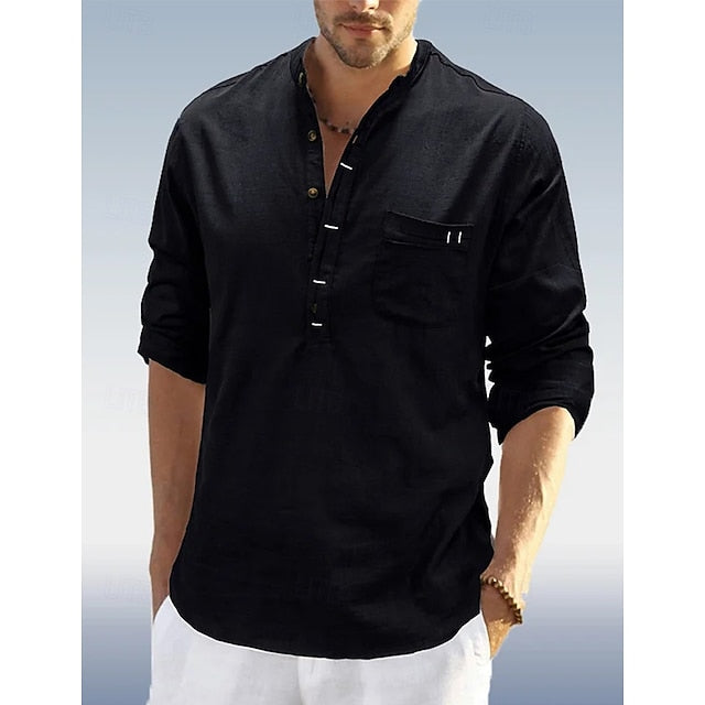 Band Linen Collar Popover Men's Shirt