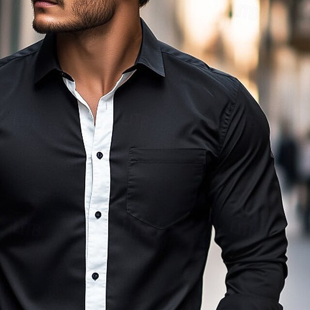 Casual Up Shirt Long Black Button Men's Sleeve
