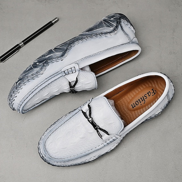 Faux - with Leather Detail Men's White Moccasins Tassel