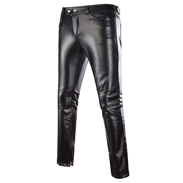 Faux Straight Solid Pants Leather Leg Men's Trousers Skinny