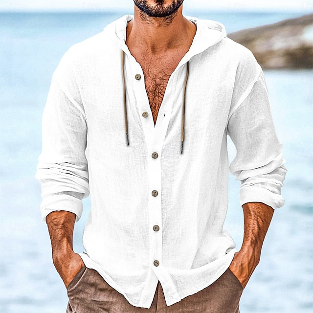 Hooded Linen Men's Button Beach Shirt Up Wear