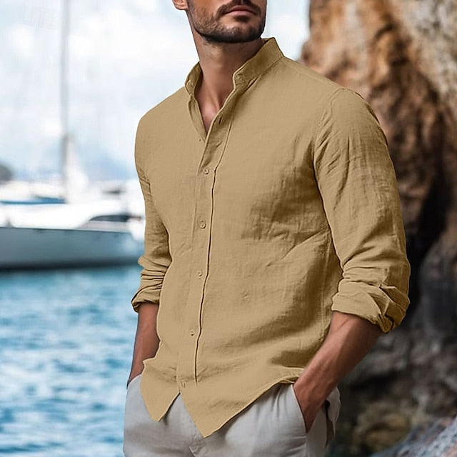 Summer Collar Linen Band Men's Shirt