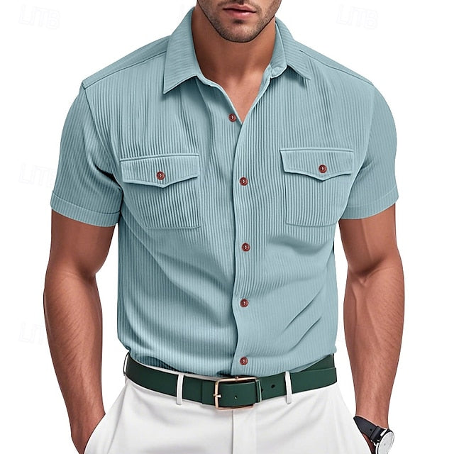 Shirt Casual Button Summer Corduroy Men's