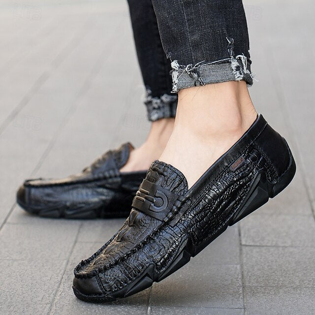 Leather Black with Loafers Faux Men's White Crocodile