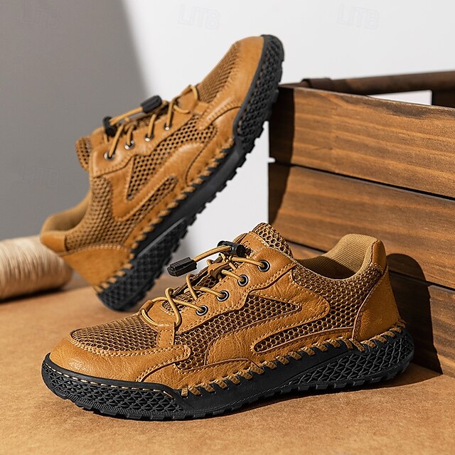 Men's Tan Breathable Mesh Lace-up with Design Sneakers