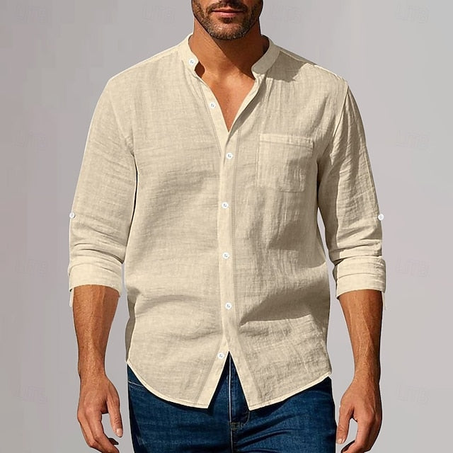 Shirt Vacation Men's Linen Cotton Plain Neck Plunging Beach