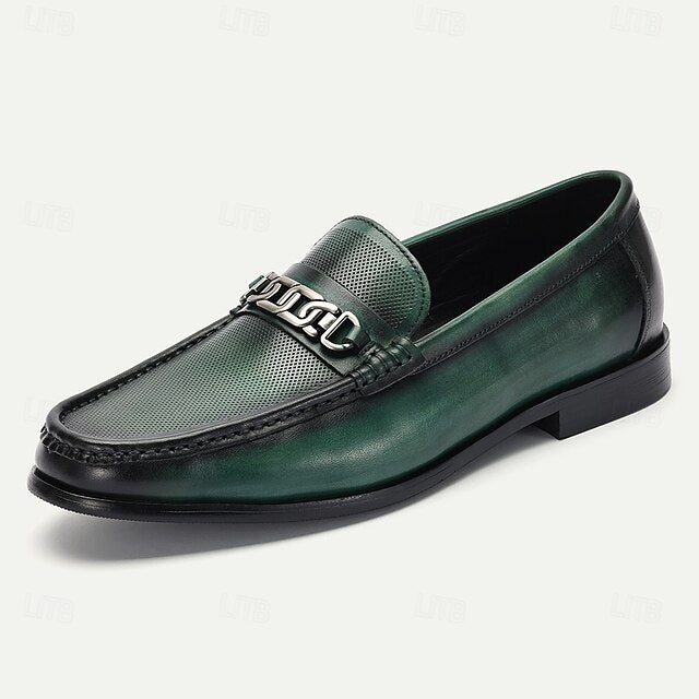 Cowhide Leather Premium Green Loafers Men's with – Metal