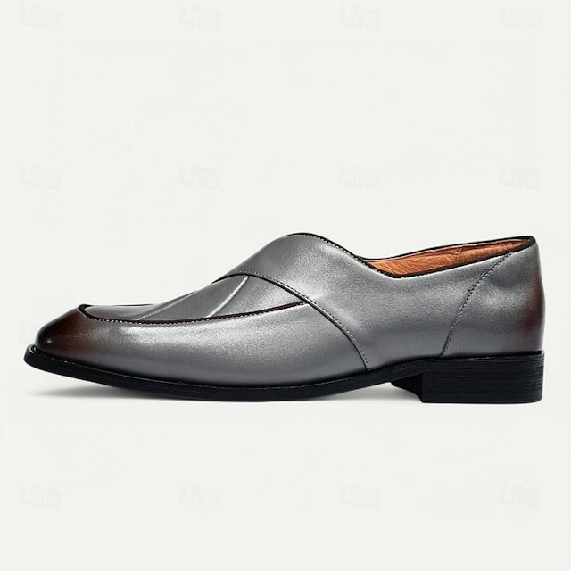 Loafers Men's Slip-On Strap - Cross Handmade Gray Leather