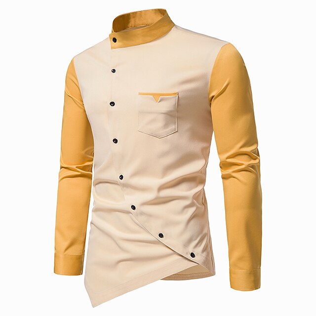 Block Wine Yellow Color Collar Stand Shirt Blue Plus Men's