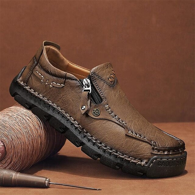 Faux Loafers Leather Brown Slip-On with Side Men's Zipper