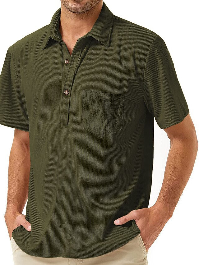 Black Casual Men's Shirt Up Button Corduroy