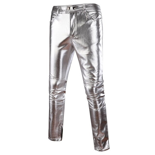 Faux Straight Solid Pants Leather Leg Men's Trousers Skinny
