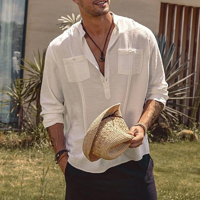 Men's Shirt Beach Button Up Wear Summer Linen