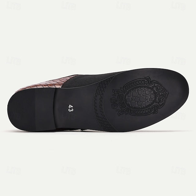 Men's Slip-On Leather Embossed Loafers with Faux Brown