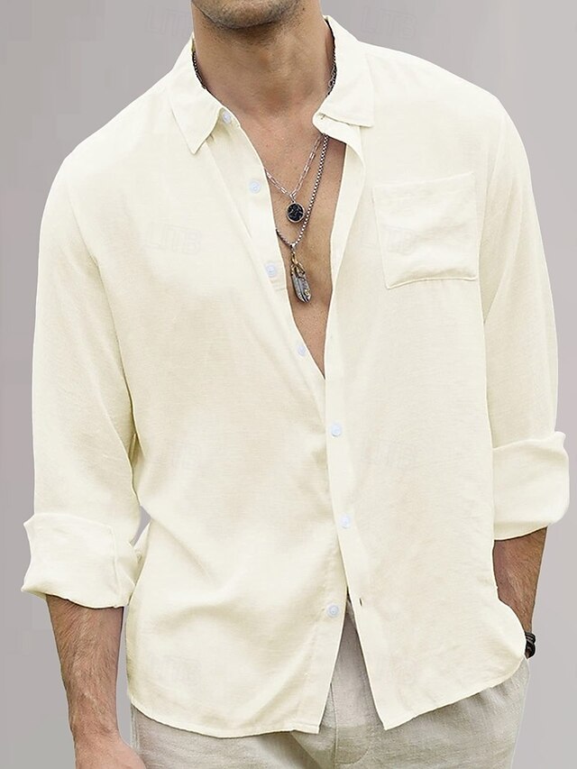 Plain Vacation Cotton Shirt Linen Black Men's Yellow Green