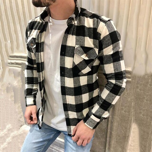 Overshirt Shirts Checked Button Shirt Casual Up Men's
