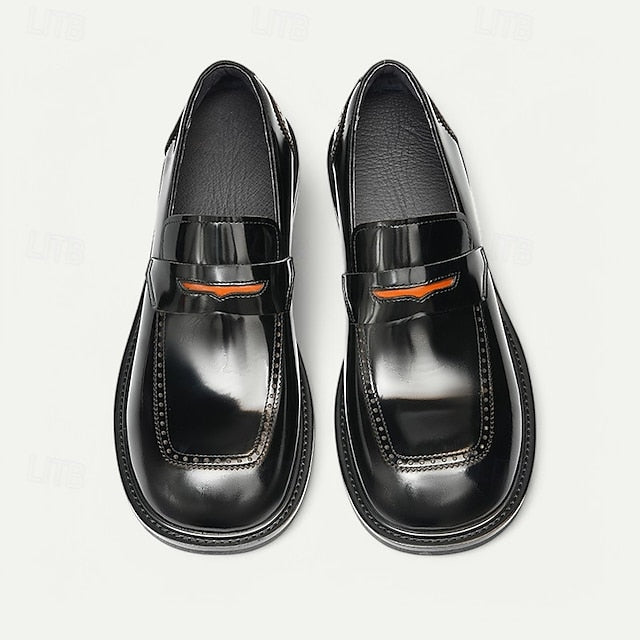 Black Men's Decorative Cowhide Premium Slip-On Loafers with
