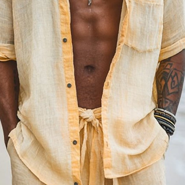 Button Shirt Casual Linen Men's Cotton Up