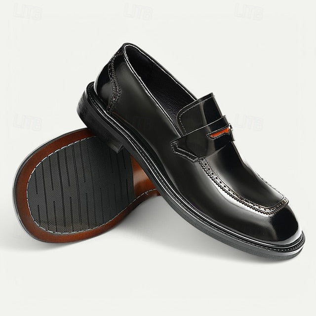 Black Men's Decorative Cowhide Premium Slip-On Loafers with
