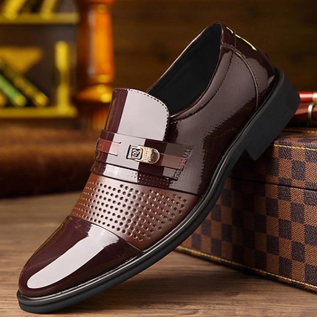 Brown Faux with Men's Patent Dress Loafers Leather