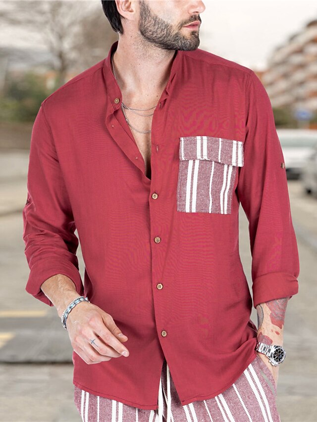 Shirt Button Up Casual Summer Men's Red