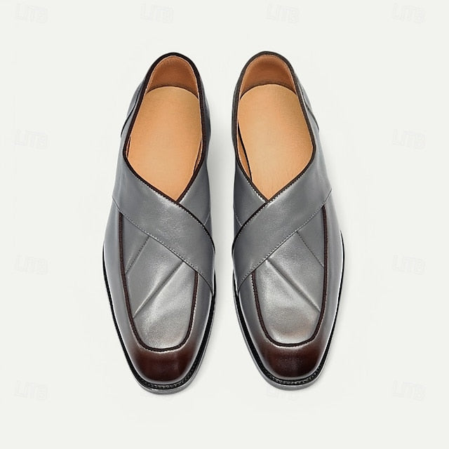 Loafers Men's Slip-On Strap - Cross Handmade Gray Leather