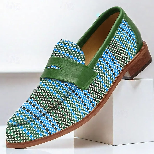 Leather Woven Blue Slip-On Loafers - Men's Stylish Faux