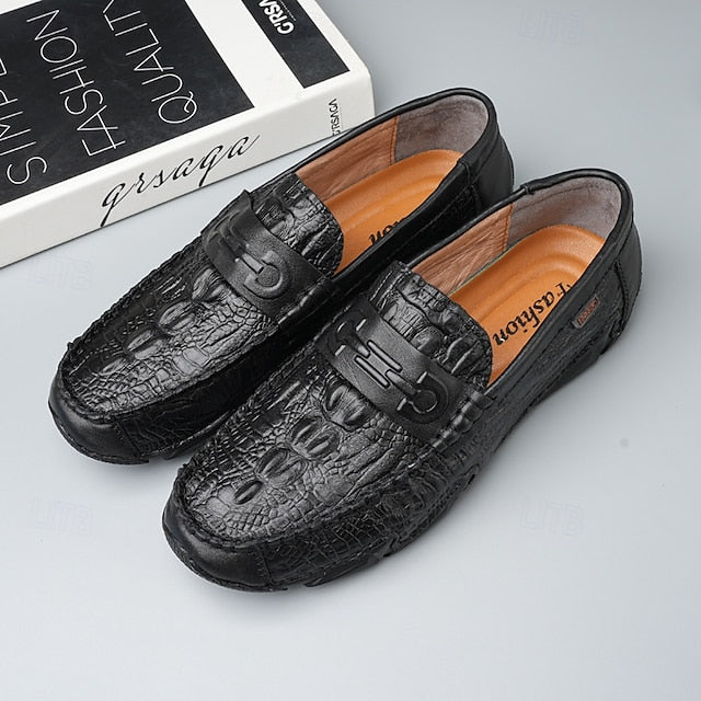 Leather Black with Loafers Faux Men's White Crocodile