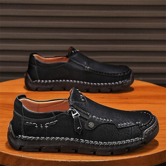 Faux Loafers Leather Brown Slip-On with Side Men's Zipper