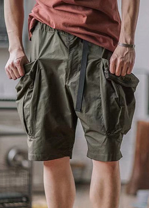 Pockets French Cotton Army Men Summer Shorts Green Zip Up