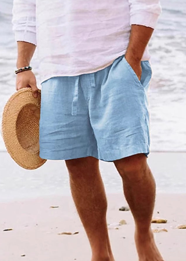 Elastic Brown Waist Cotton Summer Men Solid Pockets Shorts Simple