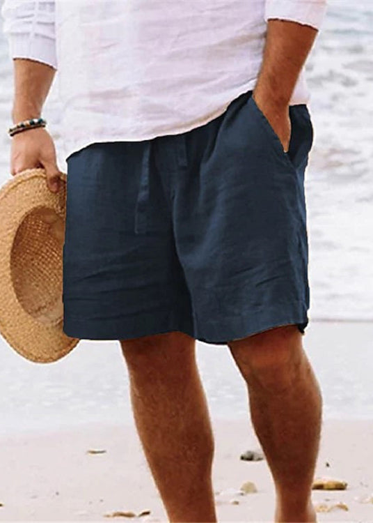 Elastic Brown Waist Cotton Summer Men Solid Pockets Shorts Simple