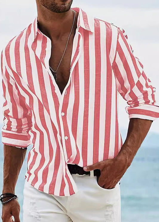 Fall Collar Pan Cotton Shirts Men Peter Button Red Striped