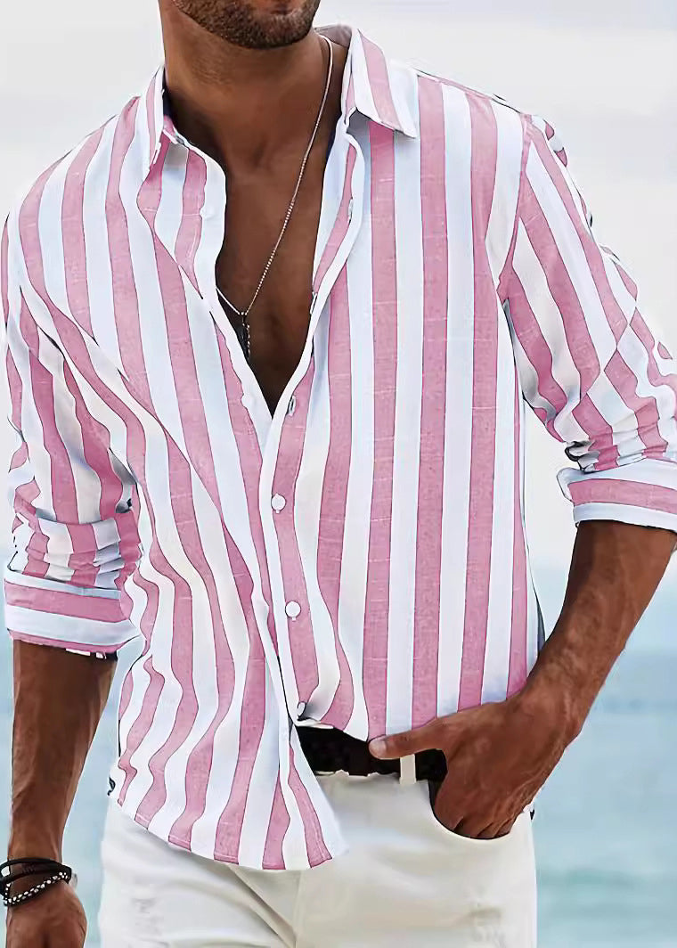 Fall Collar Pan Cotton Shirts Men Peter Button Red Striped