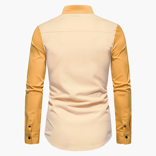 Block Wine Yellow Color Collar Stand Shirt Blue Plus Men's
