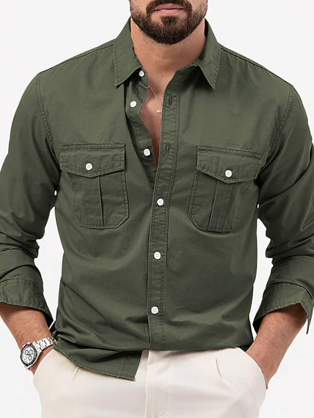 Men's Casual Black Up Shirt White Button Green