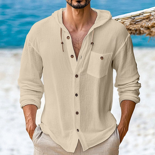 Button Up Wear Beach Hooded Men's Shirt Linen