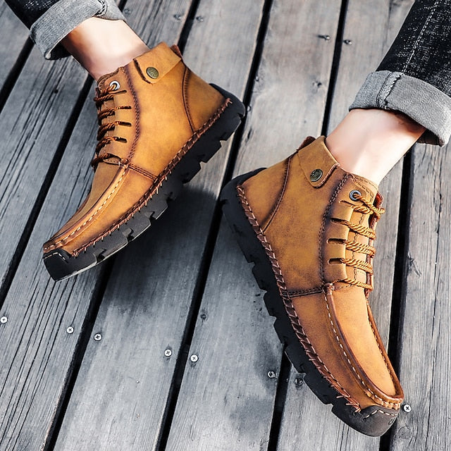 Casual Men's Lace-Up Leather Ankle Vintage Boots –