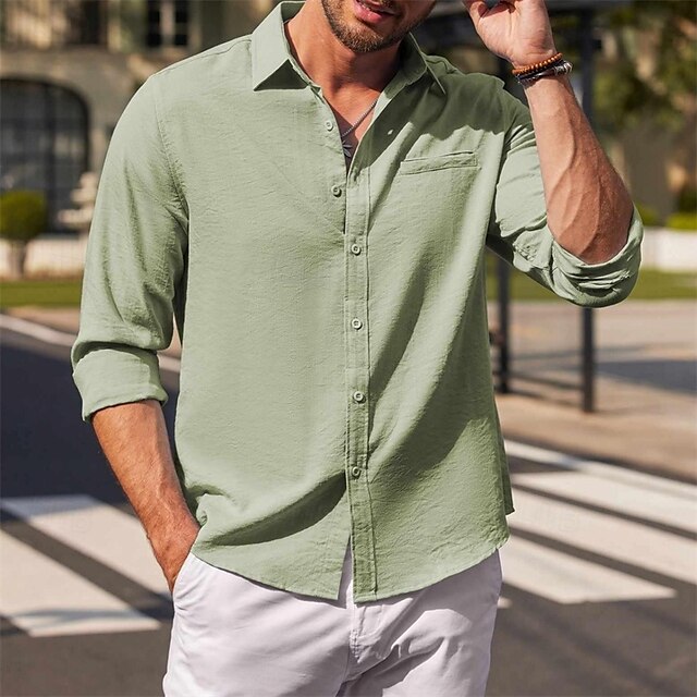 Linen Shirt Cotton Men's Green White Plain Black Vacation