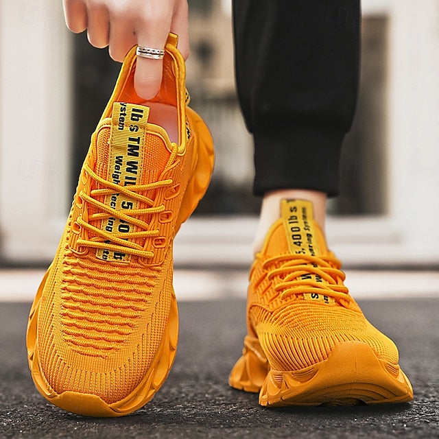 Elastic Sneakers Neon Yellow Knit Men's Sports with Upper