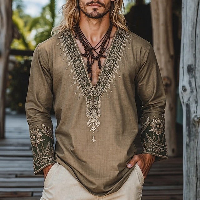 Summer Linen Men's Collar Band Shirt