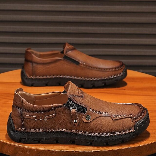 Faux Loafers Leather Brown Slip-On with Side Men's Zipper