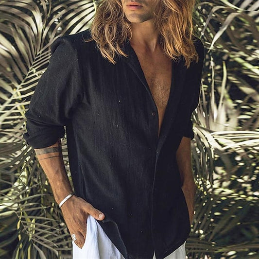 Shirt Cotton Casual Men's Plain Linen