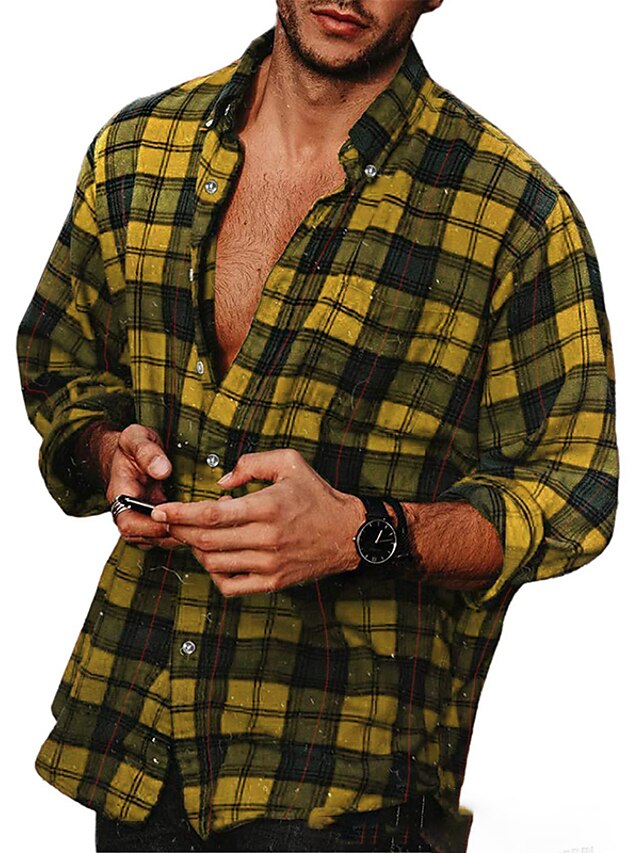 Yellow Casual Button Shirt Men's Up Green Red