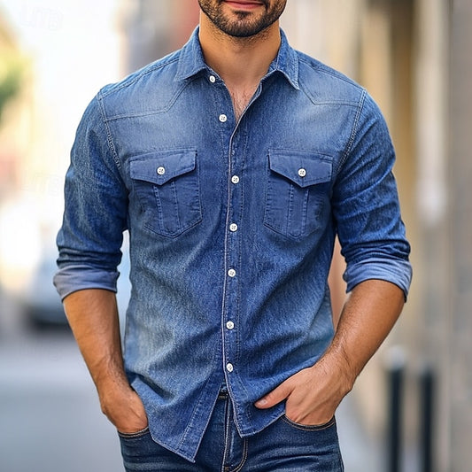 Casual Men's Button Calico Chambray Shirt
