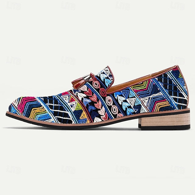 Men’s Pattern Leather Loafers Jacquard Ethnic Faux with