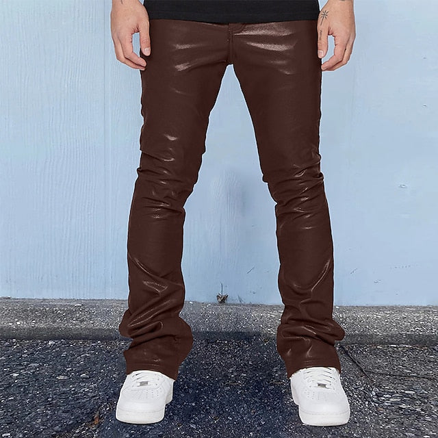 Pocket Casual Pants Men's Plain Faux Trousers Leather